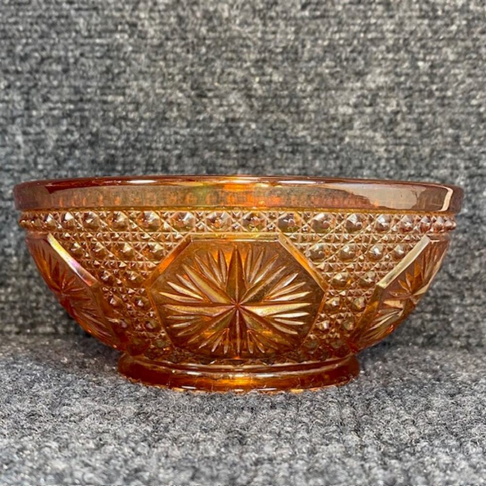 Vintage Imperial Orange Carnival Glass Star Medallion 5 inch Round Bowl